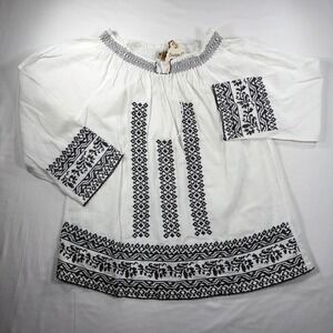 Boutique 17 White Embroidered Peasant Blouse XXL Cotton Boho Hippie Tassel NEW
